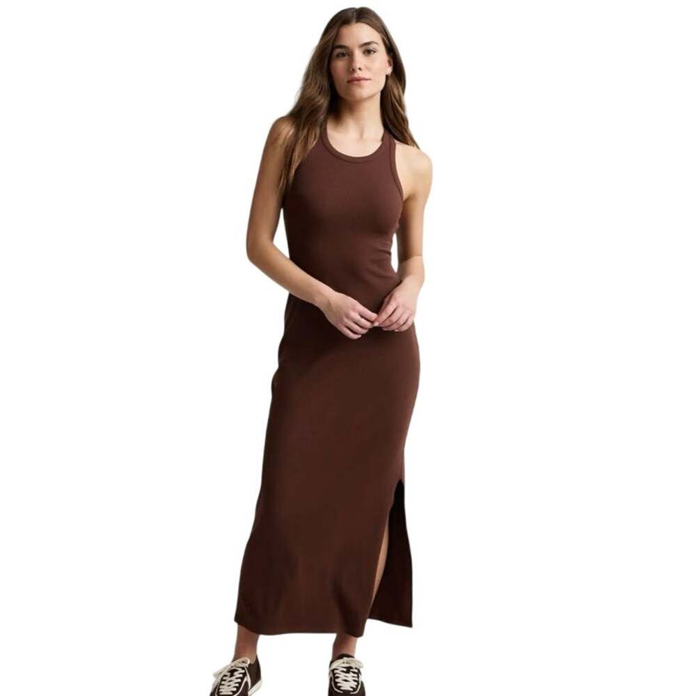 BEYOND YOGA Women's L Ribbed High Neck Maxi Dress Back Cut Out Iced Mocha
